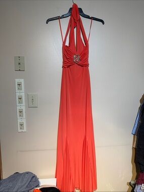 Mary L Couture Coral Halter Maxi with Jeweled Accent